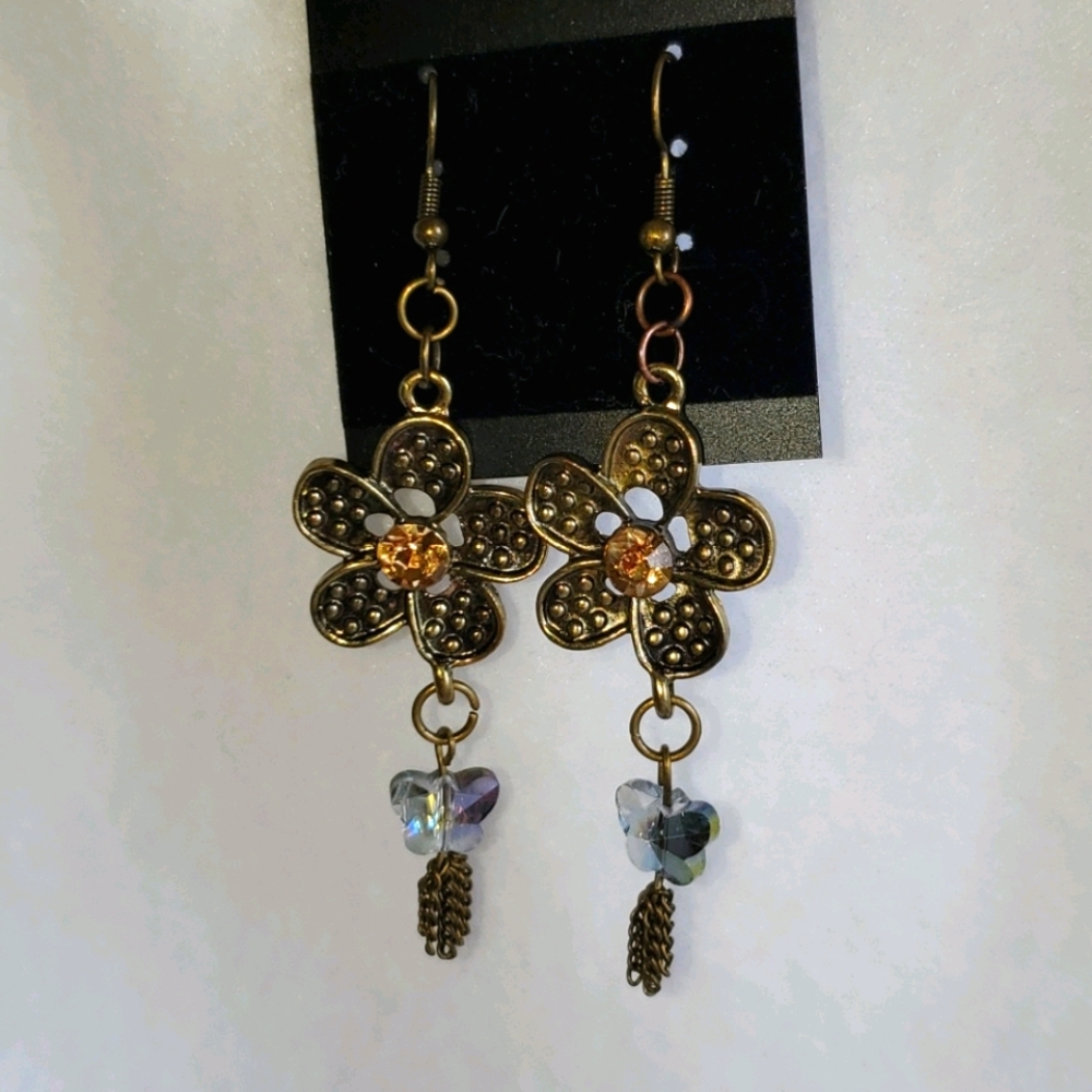 Womens bronze flowers and butterfly hook earrings